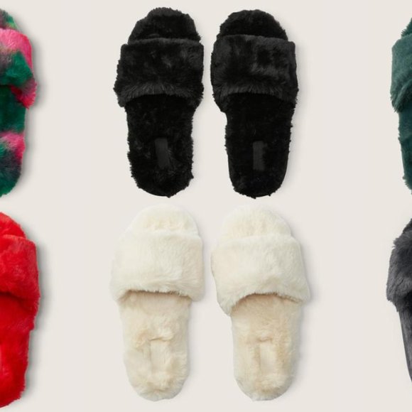 VS PINK Faux Fur Slippers color Black size Small - Picture 3 of 5